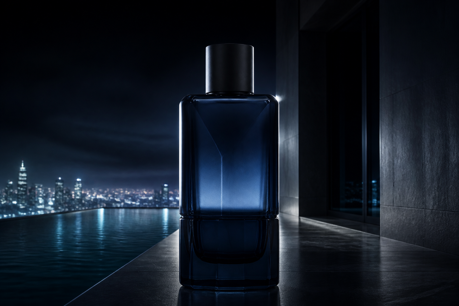 Faith At Last bottle beside a midnight rooftop pool