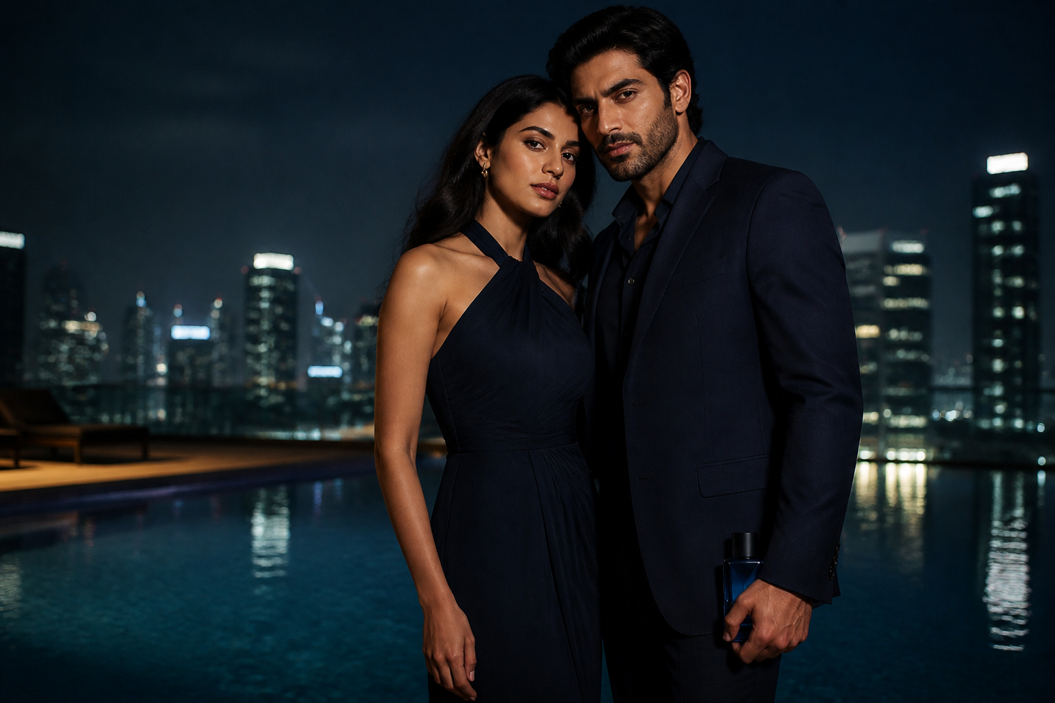 Two people in midnight tailoring beside a rooftop pool